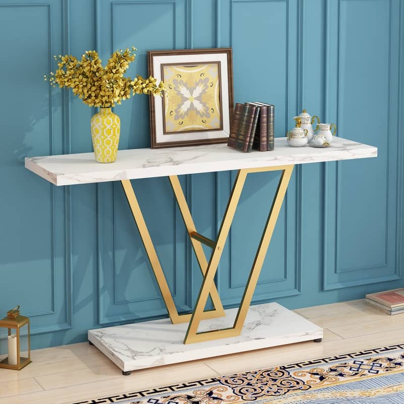 V Metal Leg Gold/White 42 Inch Entryway Tables Console Table