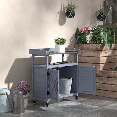 Outsunny Outdoor Potting Bench, Wooden Potting Table with Storage Cabinet, Aluminum Table Top, Rubber Wheels