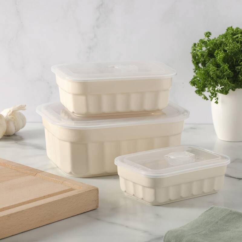 Martha Stewart Broadbrook 6 Piece Stoneware Meal Prep Container Set with Lids, Cream, Oven, Microwave & Dishwasher Safe
