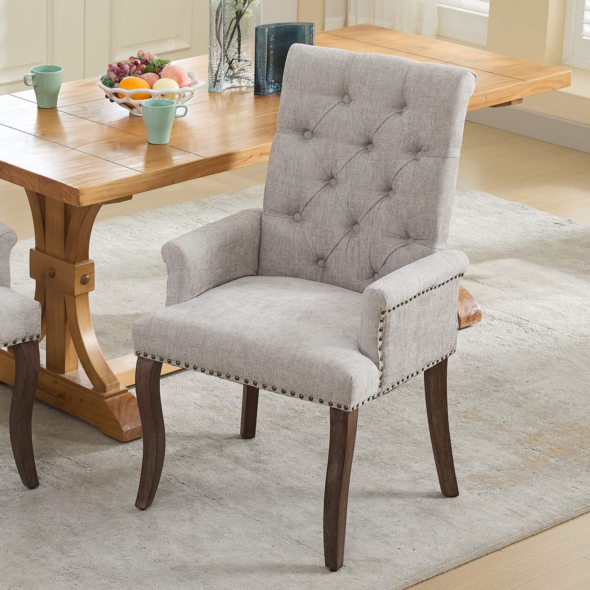 Tufted Button Back Accent Chair Chenille Upholstered Dining Side Chair Nailhead Trim Lounge Arm Chair with Curved Wood Leg