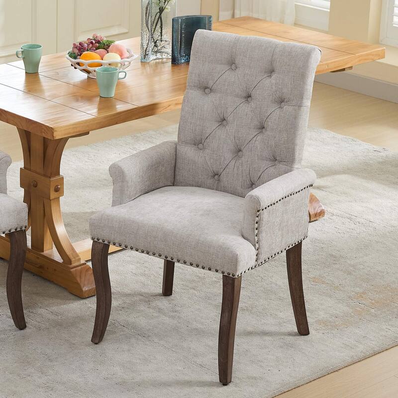 Upholstered Chenille Dining Chairs, Tufted Accent Armchairs with Curved Solid Wood Legs, Dining Room Arm Chair