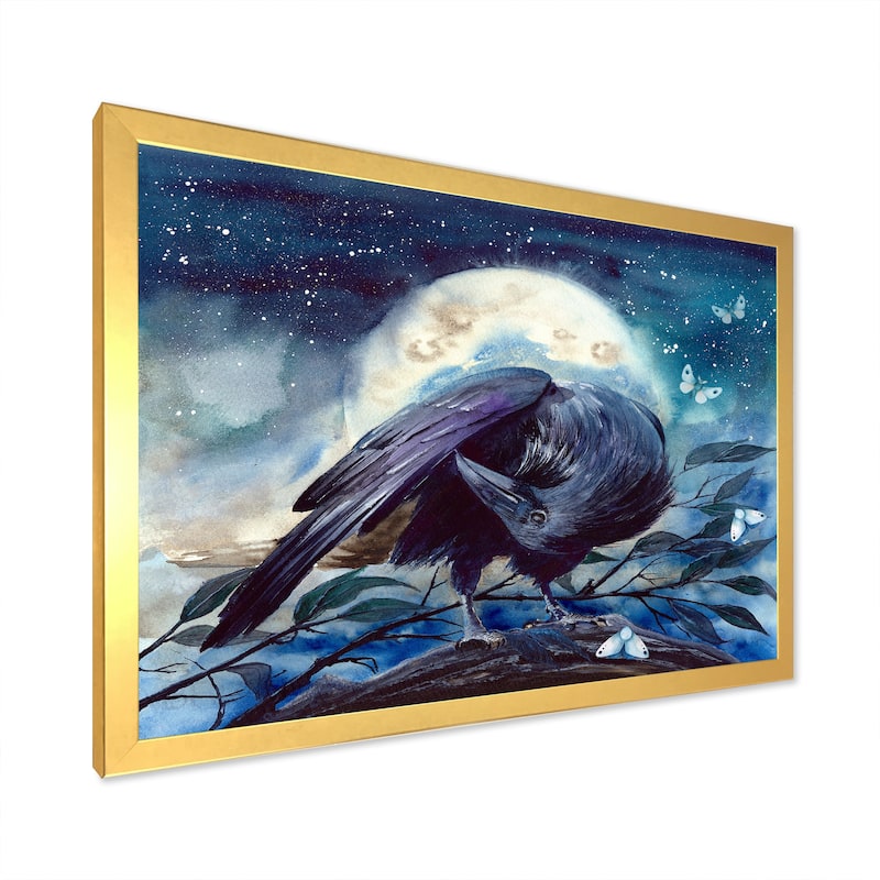 Designart "Raven On The Tree Branch With Shining Moon" Traditional Framed Art Print
