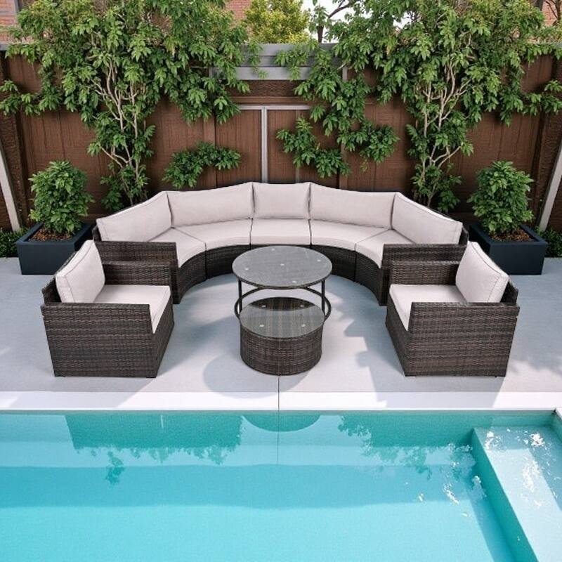 9-Piece Curved Outdoor Wicker Sectional Sofa Set with Overlapping Coffee Tables, Cushions, Modular Half-Moon Design - Beige+Brown