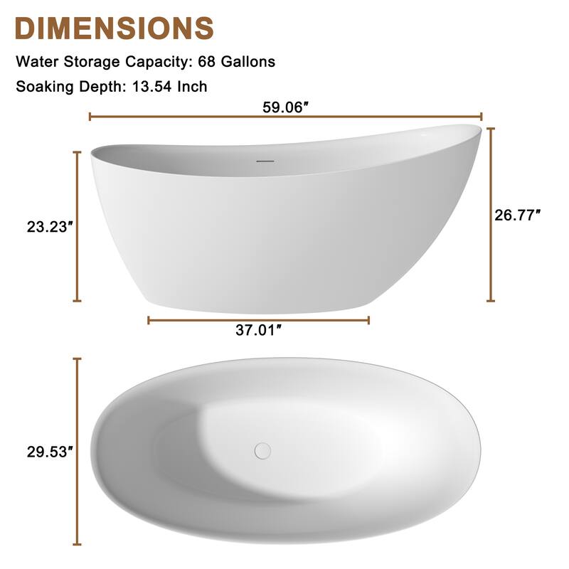 CASAINC Resin Stone Solid Surface Soaking Stand Alone Bathtub Freestanding Bathtub in Matte White