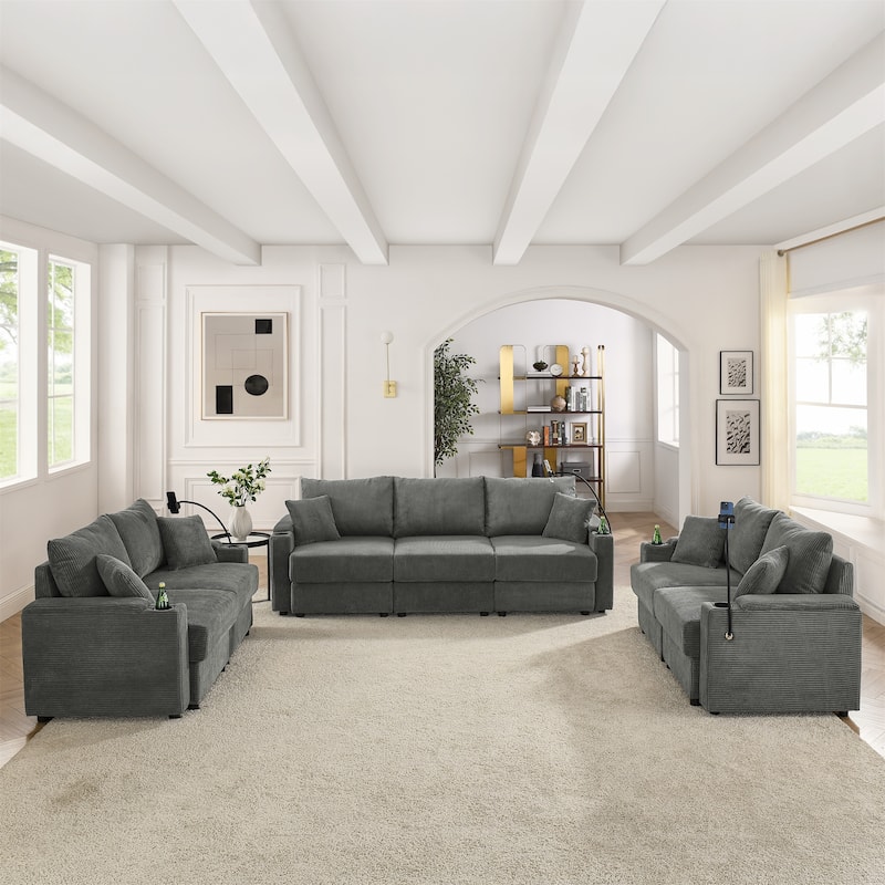 Corduroy Upholstered 7 Seater Sofa, Set of 3 Deep Seat Storage Couch with Cup Holders and Phone Stands for Living Room - Grey