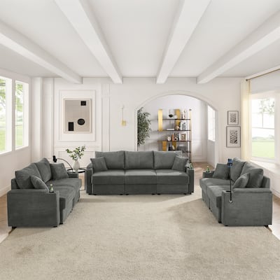 Corduroy Upholstered 7 Seater Sofa, Set of 3 Deep Seat Storage Couch with Cup Holders and Phone Stands for Living Room
