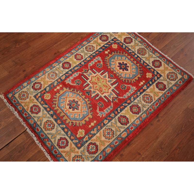 Geometric Red Kazak Oriental Foyer Rug Handmade Wool Carpet - 2'0" x 3'0"
