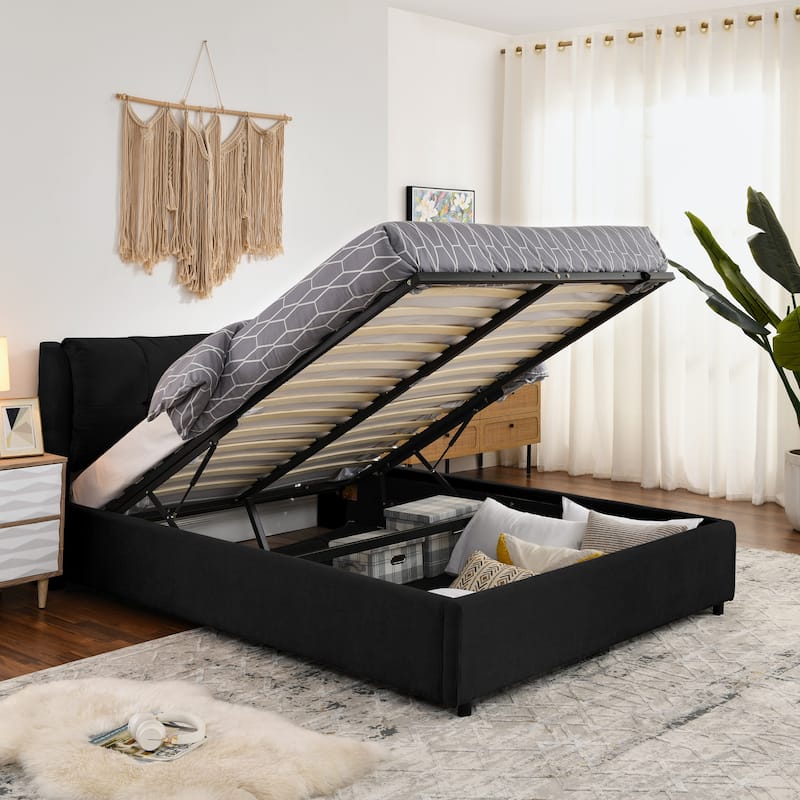 Hydraulic Storage Bed Frame Chenille Upholstered Platform Bed Queen Size Low Profile Bed with Integrated Headboard