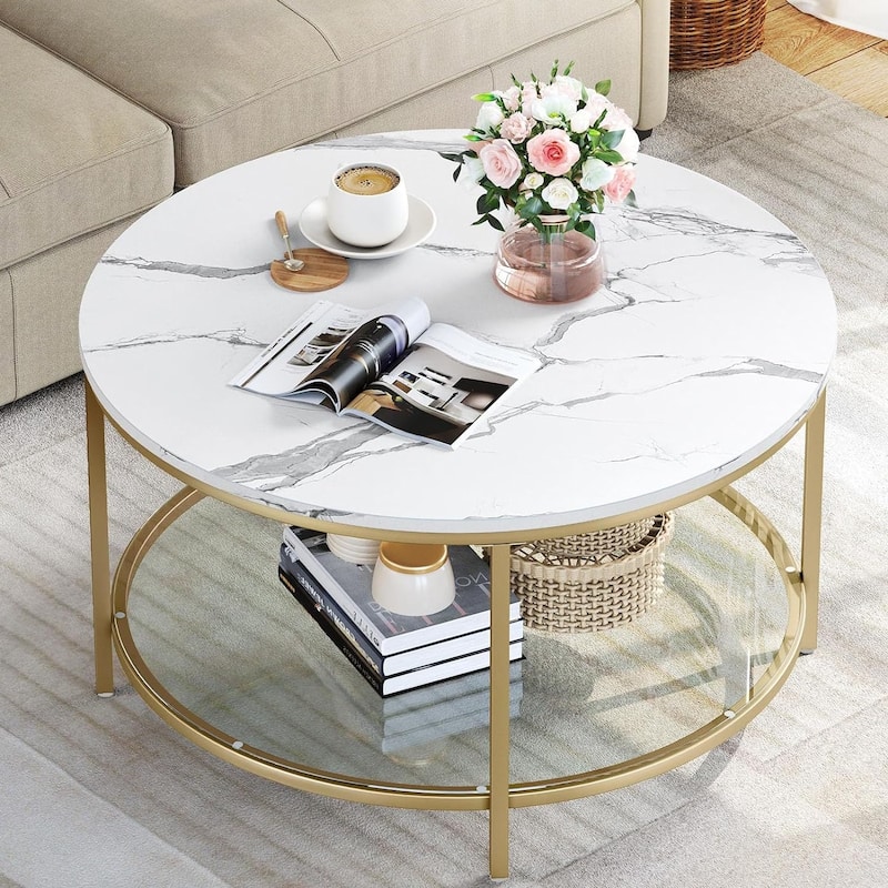 Moasis Industrial 2-Tier Round Coffee Table with Shelf - White Gold w/Glass