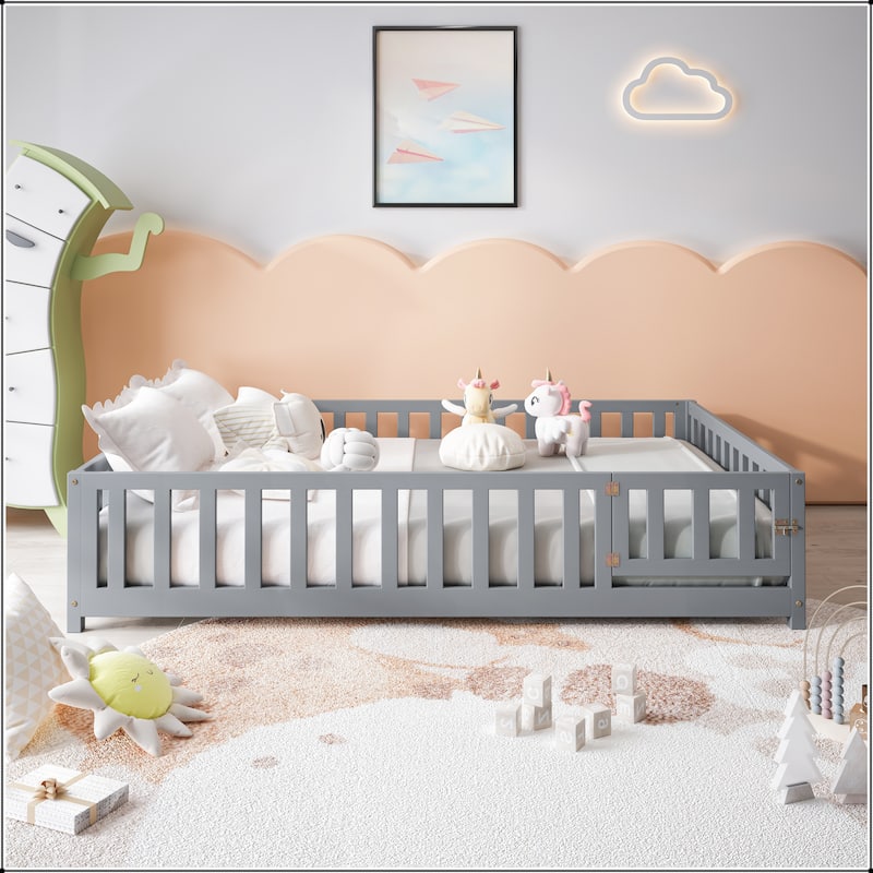 Full Size Floor Platform Bed with Fence and Door for Kids -  Grey
