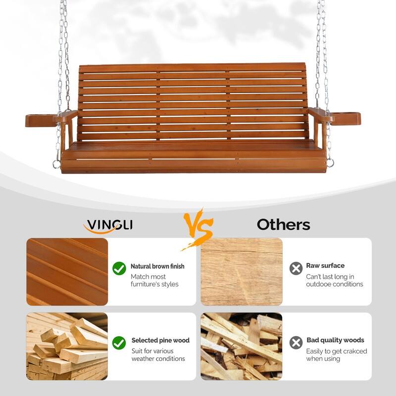 Brown Wood Porch Swing with Cup Holders and Phone Slot - N/A