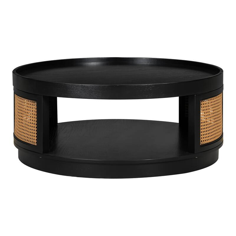 Mid-Century Modern Wooden Coffee Table Round Rattan Coffee Table with PE Rattan Edge, for Living Room, Brown