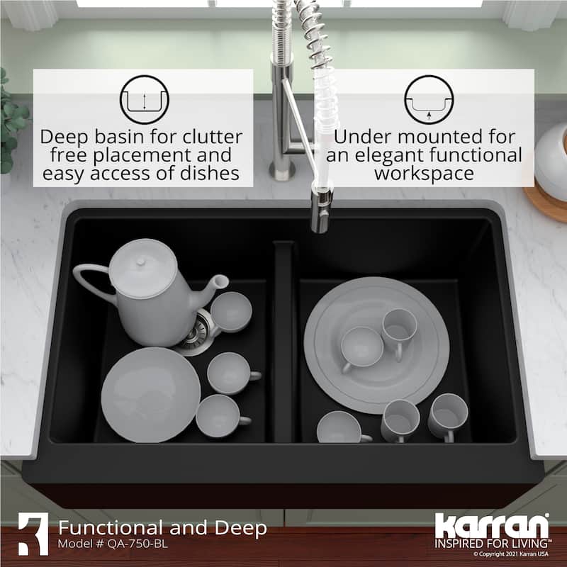 Karran Farmhouse Apron Front Quartz Double Bowl Kitchen Sink Kit