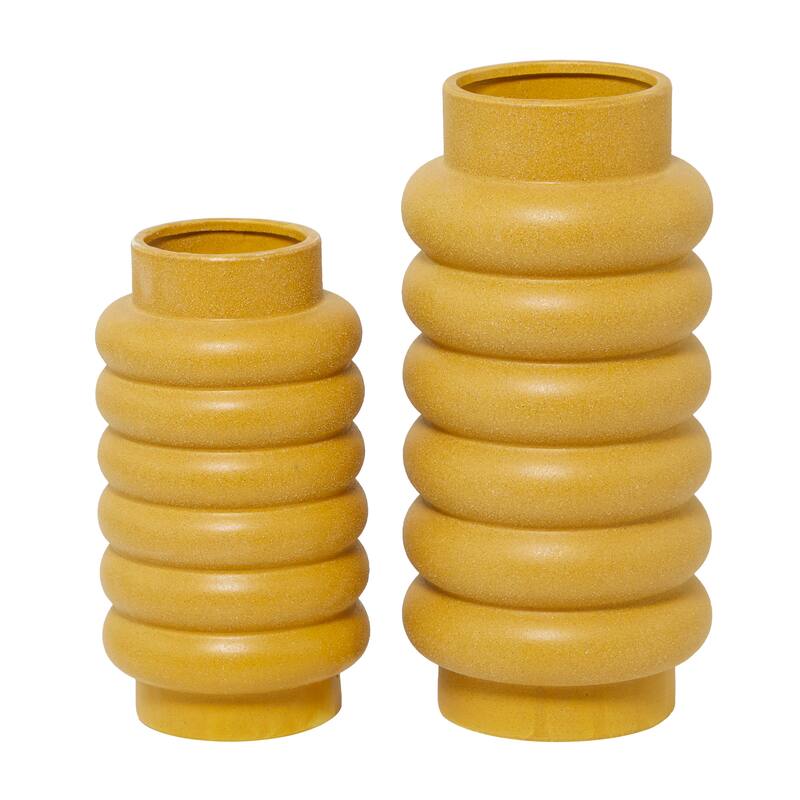 CosmoLiving by Cosmopolitan Ceramic Vases with Eye-Catching Ring Ribbing (Set of 2) - Yellow, White, Dark Blue
