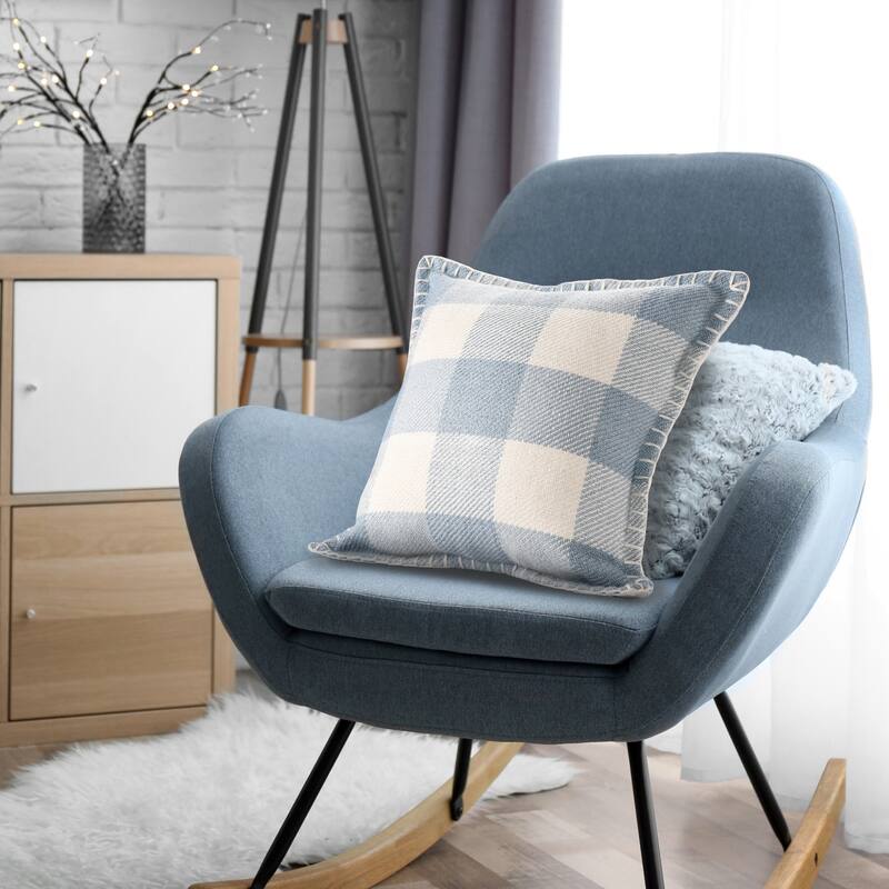 Handwoven Plaid Outdoor Patio Square Throw Pillow - 20" - Blue and Cream