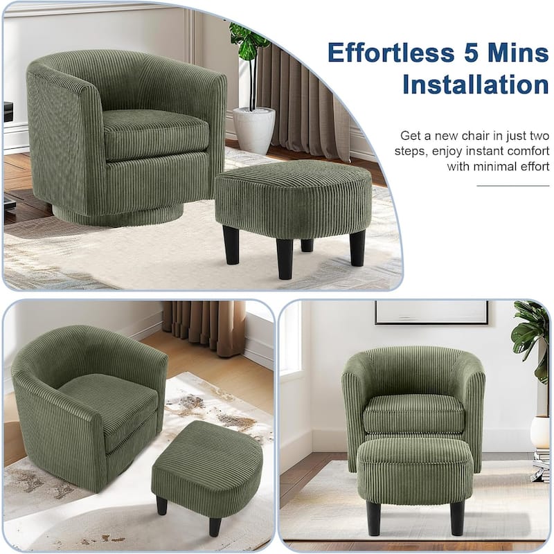 360° Swivel Accent Chair with Ottoman, Barrel Chair with Upholstered