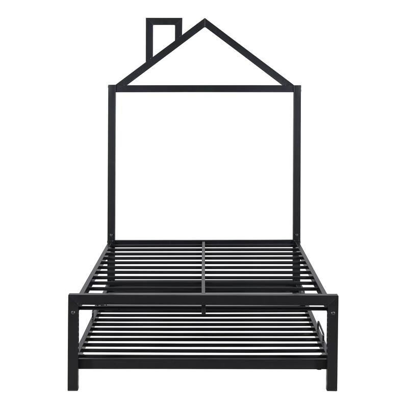 Metal Platform Bed with Twin Size Trundle,House-Shaped Headboard