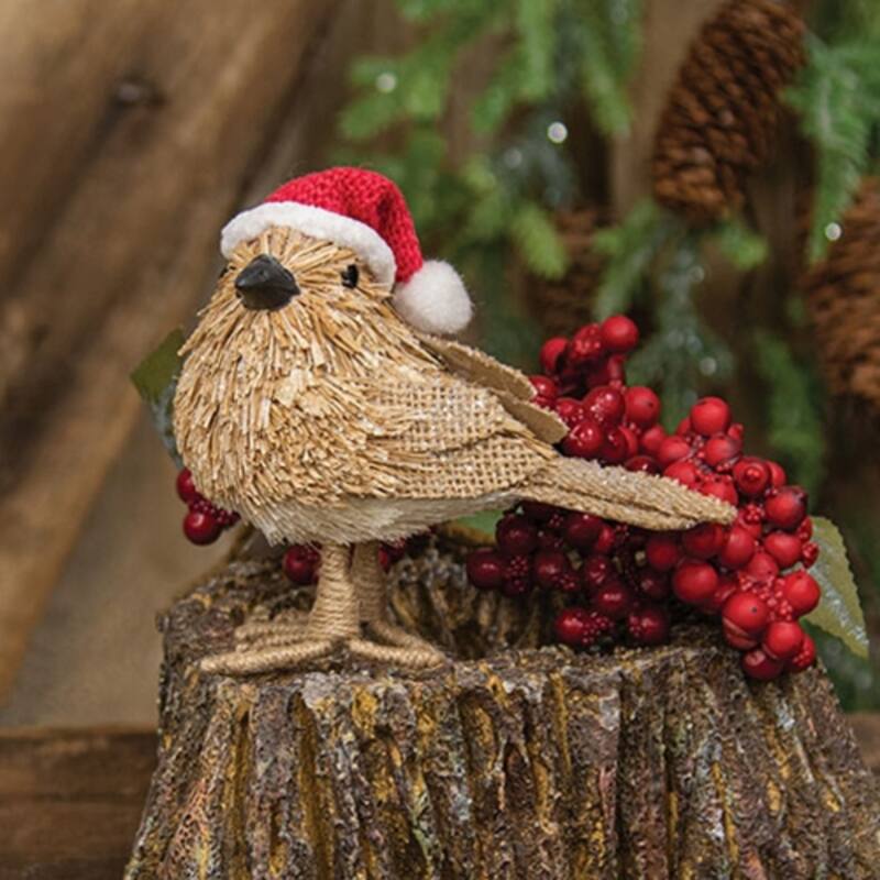 Sisal Bird with Santa Hat Christmas Decor Rustic Holiday Tabletop Figurine - 4.5” high by 5” wide by 2.75” deep