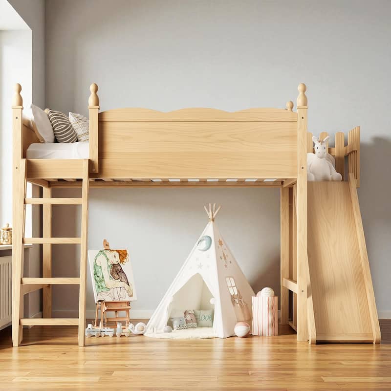 Full/Queen Loft Bed with Storage Shelves, Cabinet & Detachable Slide, Solid Wood Loft Bed with Ladders, No Box Spring - Natural - Full
