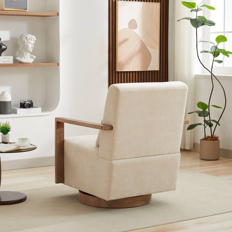 Modern Upholstered Swivel Chair Accent Chair with Solid Wood Armrests, Lounge Chair Reading Armchair for Hotel Bedroom