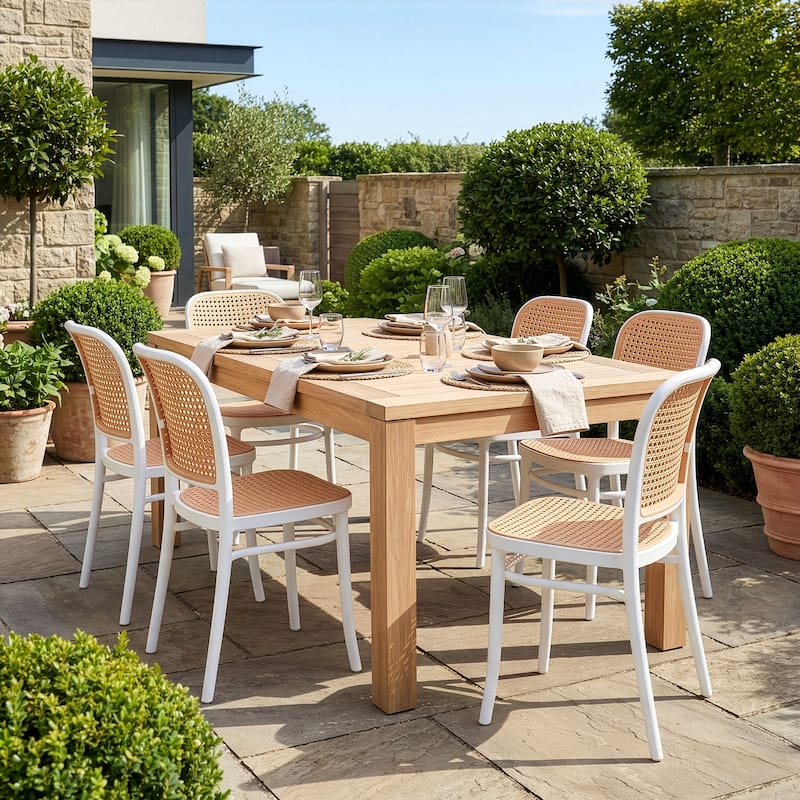 Set of 2 Balto White Plastic Dining Chair with Rattan Detail