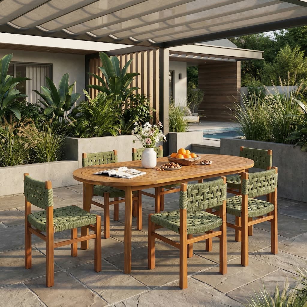 Christopher Knight Home - Outdoor Solid Acacia Wood 7-Piece Oval Dining Table Set with Rope Woven Chairs - Slatted Wood Table