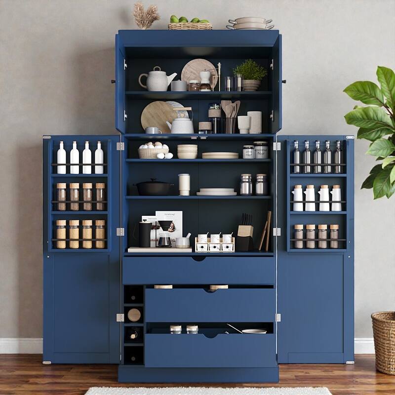 77 Inch Tall Kitchen Pantry Cabinet, Shaker Style Storage with Adjustable Shelves, Drawers, Door Shelves and Wine Racks