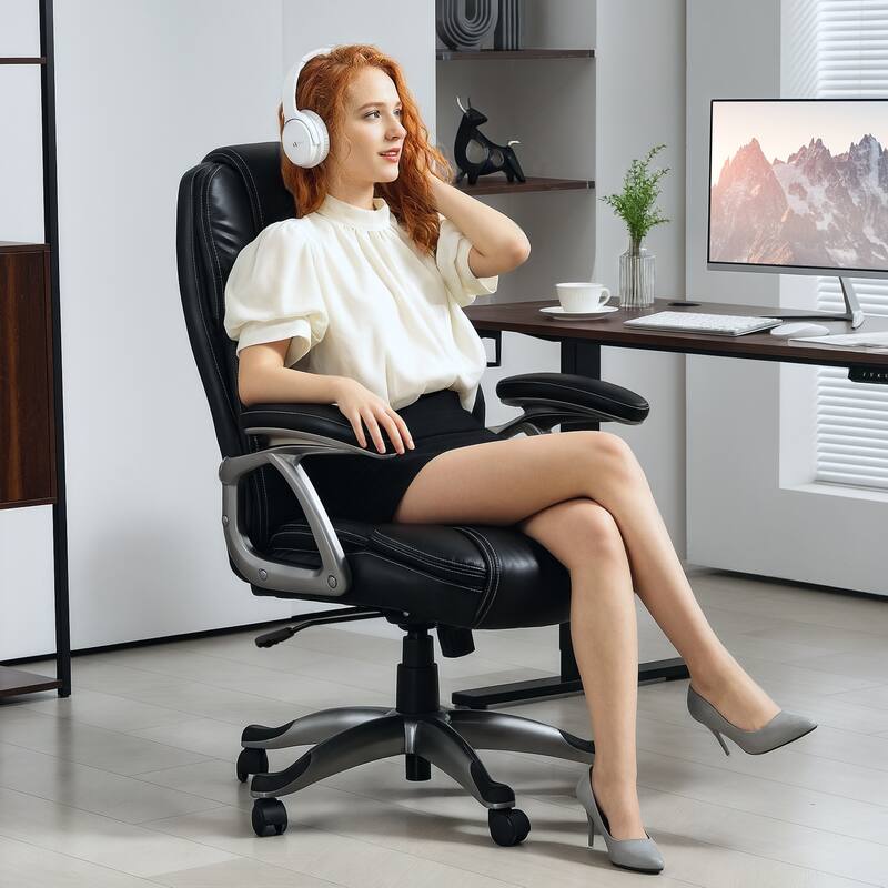 Adjustable Height PU Leather Office Chair with High Back and Armrests Tilt Swivel for Home or Desk - Black-Silver
