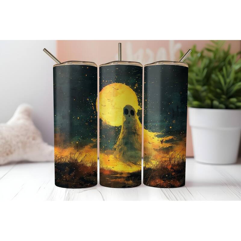 Full Moon Ghost on Halloween 20 Oz Skinny Metal Tumbler w/Lid and Straw - Multi