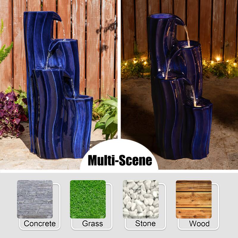 Glitzhome 29.5"H 4-Tiered Wavy Textured Outdoor Ceramic Floor Fountain with LED Light