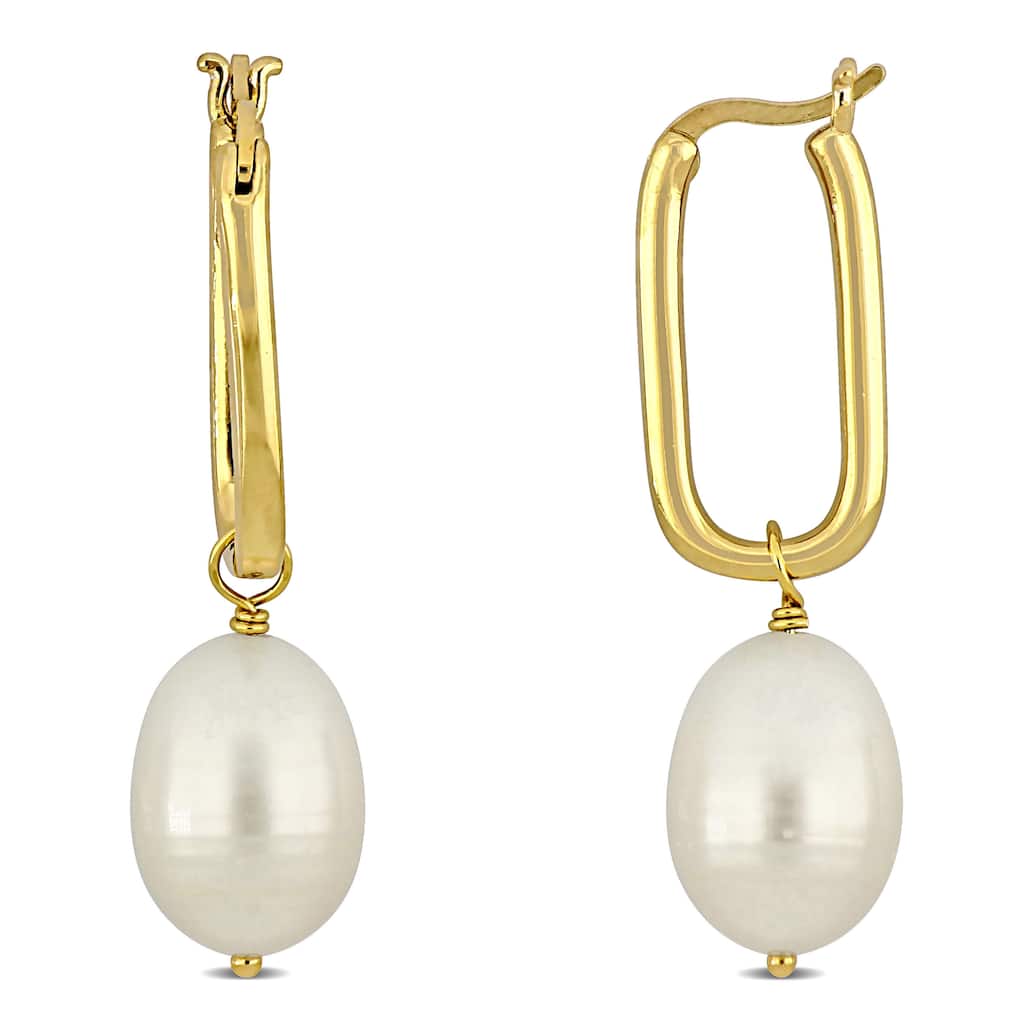 Miadora 10-10.5mm Rice Shape Cultured Freshwater Pearls on Rectangle Hoop Earrings in Yellow Silver - 10 mm x 10.8 mm