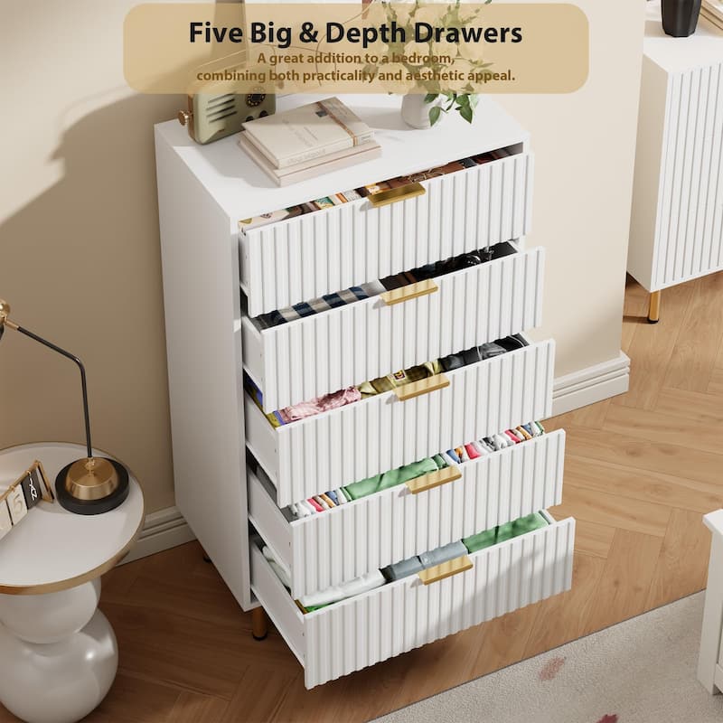 5 Drawer Fluted Dresser for Bedroom, Tall Modern Chest of Drawers with Deep Storage and Wide Top
