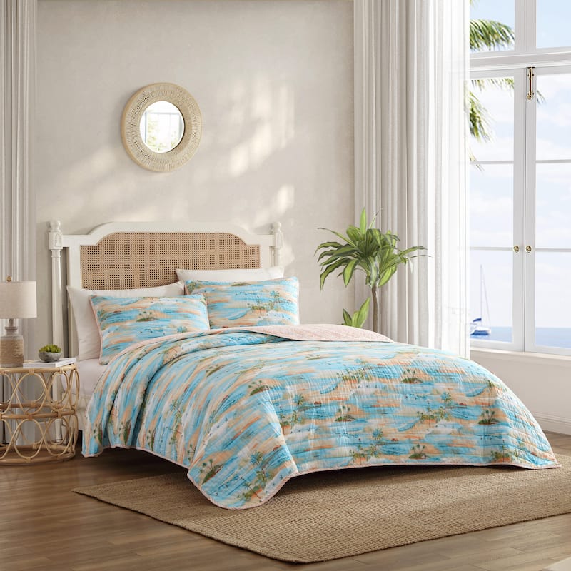Tommy Bahama Bon Voyage Tropical Island Reversible Cotton Quilt (Blue, 3 Piece Set)
