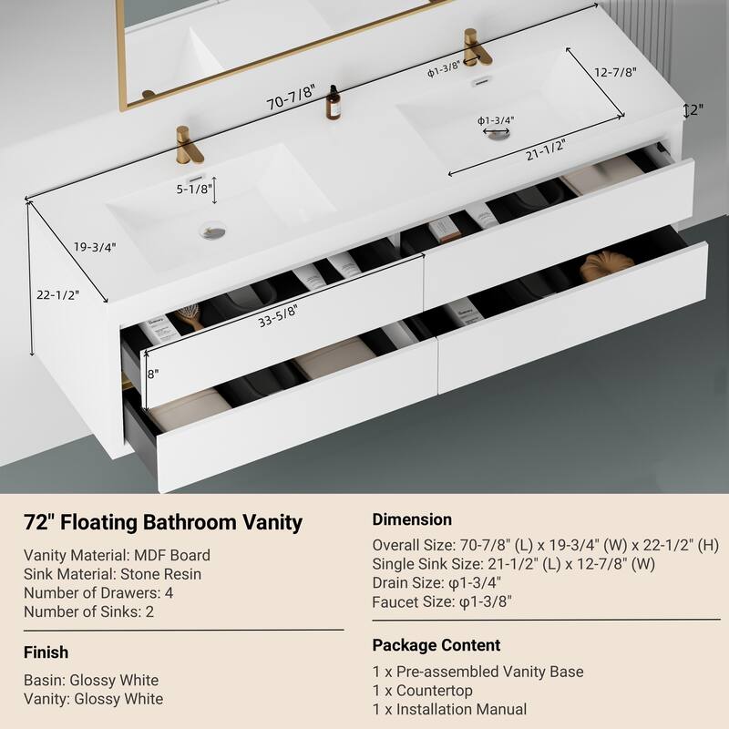 GDFStudio - Maxwell Floating Bathroom Vanity with Stone Resin Countertop & Soft-Close Drawers
