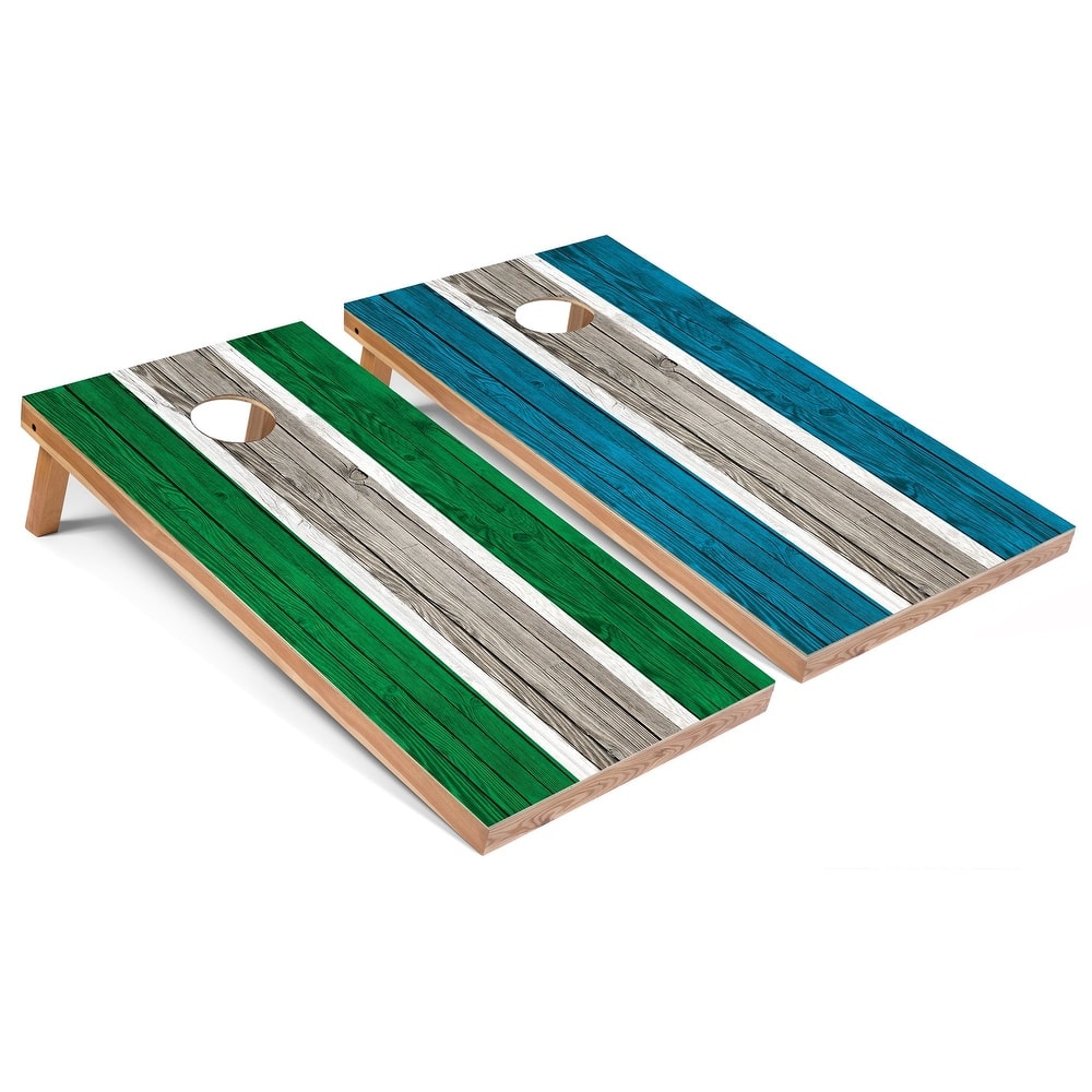 Solid Wood Cornhole Boards - Kelly and Turquoise Stripes Design
