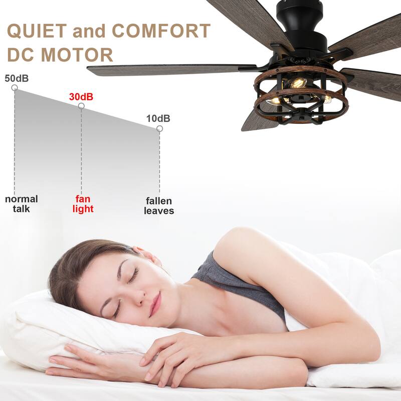 Bella Depot 52" Black Industrial Flush Mount Ceiling Fan with Light and Remote 6-speed Reversible DC Motor Low Profile Fan