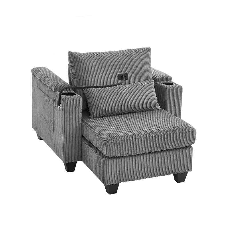 Corduroy Convertible Chaise Lounge with USB, Cup Holders & Storage