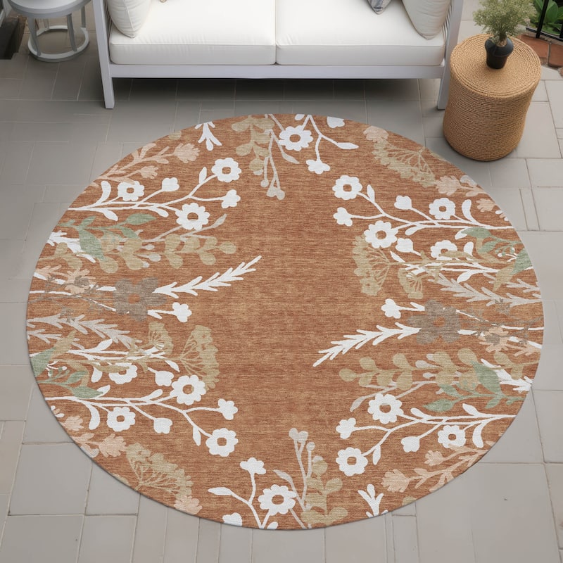Machine Washable Indoor/ Outdoor Floral Border Chantille Rug - Paprika - 8' x 8'