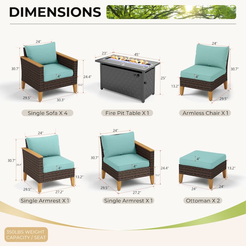 8-Piece Patio Outdoor Wicker Sectional Sofa Set, Large Seating Furniture Conversation Sets with Fire Pit Table