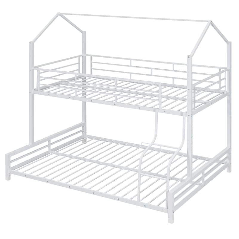 Twin Over Full Kids Heavy Metal House Low Bunk Bed, Convertible Floor Bunk Bed Frame with Full-Length Guardrail and Ladder