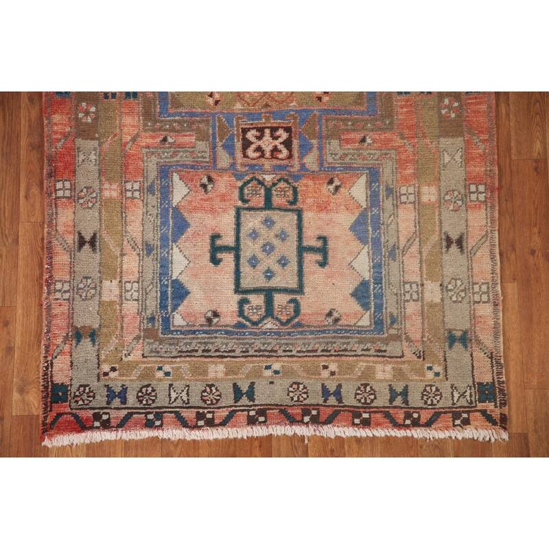 Geometric Ardebil Persian Vintage Runner Rug Hand-knotted Wool Carpet - 3'6" x 10'0"