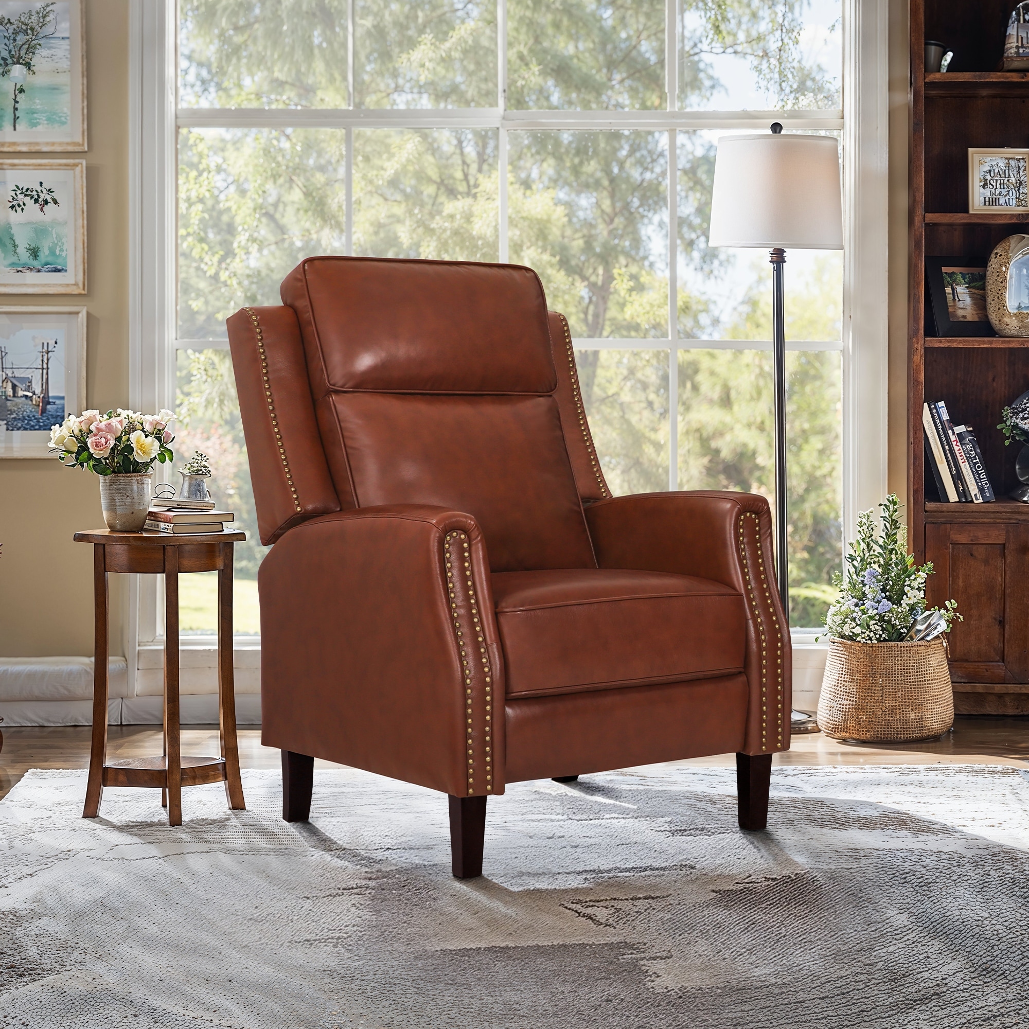 Genuine Leather Recliner Push Back Recliner Chair 3 Adjustable Armchair with Wooden Legs for Living Room, Bedroom