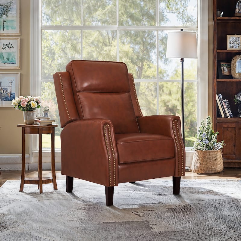 Genuine Leather Recliner Push Back Recliner Chair 3 Adjustable Armchair with Wooden Legs for Living Room, Bedroom - Red Brown/Single