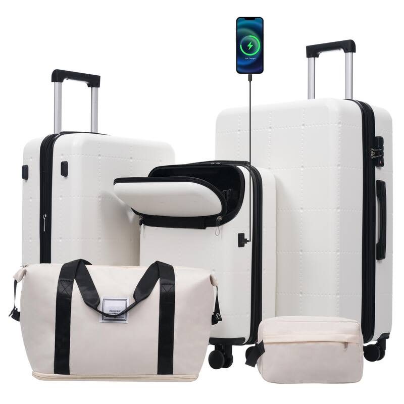 Hardside Luggage Set 5 Piece with Bags, 20IN Half-opening Carry on Luggage with USB Port, 24IN 28IN Luggage with Double Wheels - White