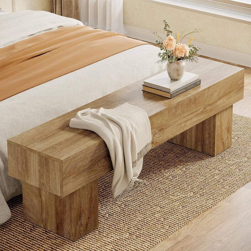 63" Entryway Bench, Rustic Farmhouse End of Bed Bench for Hallway, Living Room, End of Bed, Light Brown