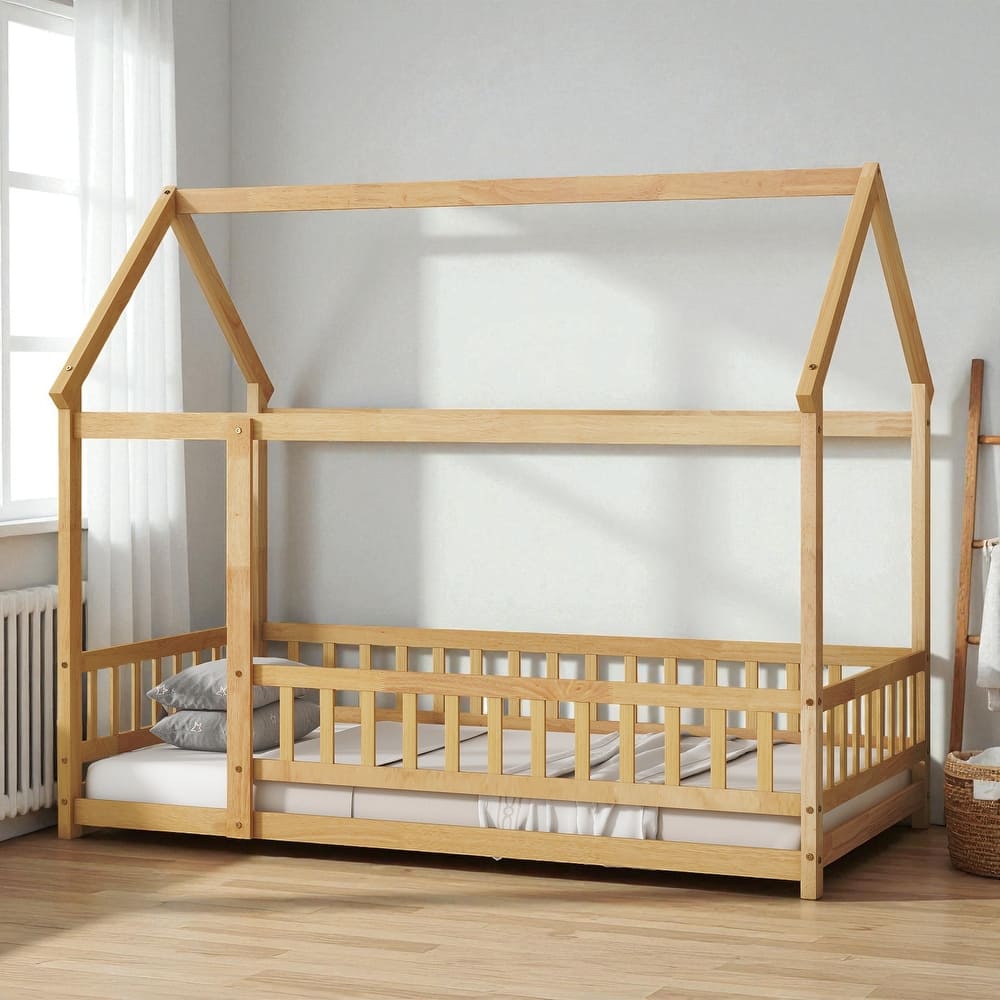 Twin Size Wooden House Floor Bed with Roof Frame and Safety Guardrails, Solid Rubber Wood Montessori Bed for Kids