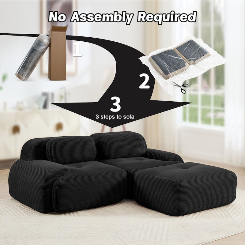 Rossetta 82'' Simplified Anti-Slip Style L-shaped Premium Corduroy Fabric Modular Loveseat Sofa with Curved Armrests, 1 Ottoman