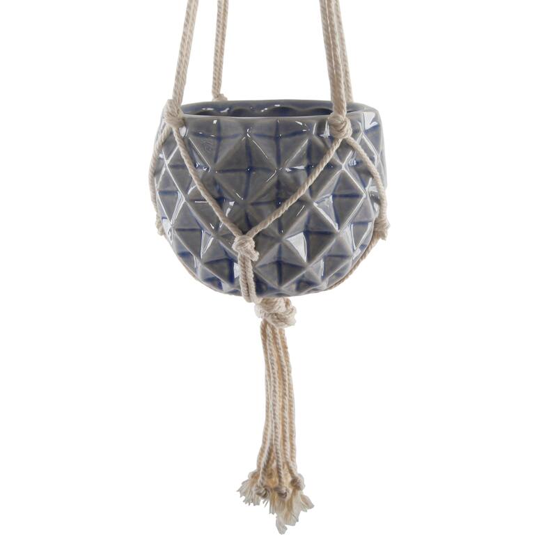 5 x 5" Ceramic Macrame Hanging Planter Pot - Blue