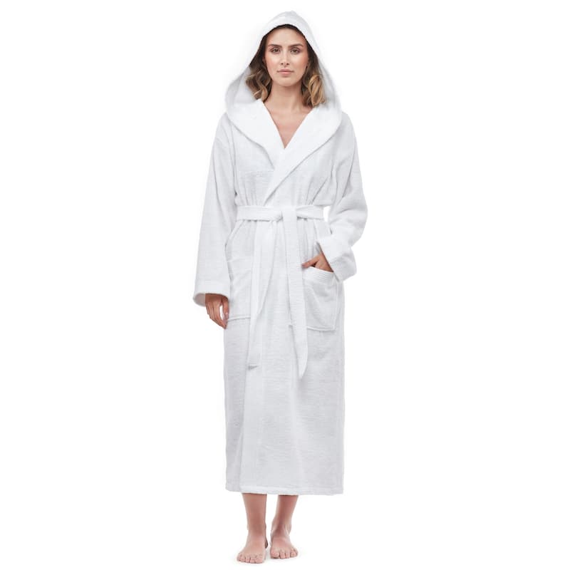 Soft Turkish Terry Cotton Women's Hooded Bathrobe - White - M
