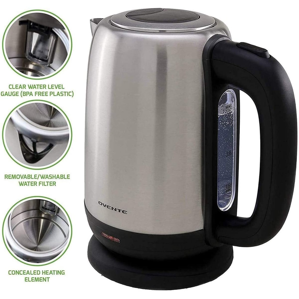 Ovente Electric Stainless Steel Hot Water Kettle 1.7 Liter with 5  Temperature Control & Concealed Heating Element, Silver - Bed Bath & Beyond  - 9796533